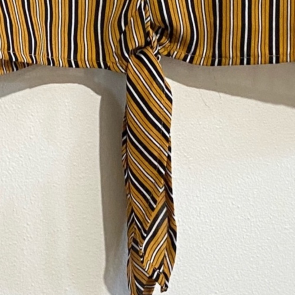 Daisy May mustard yellow and black vertical striped cropped front tie blouse - Picture 4 of 7